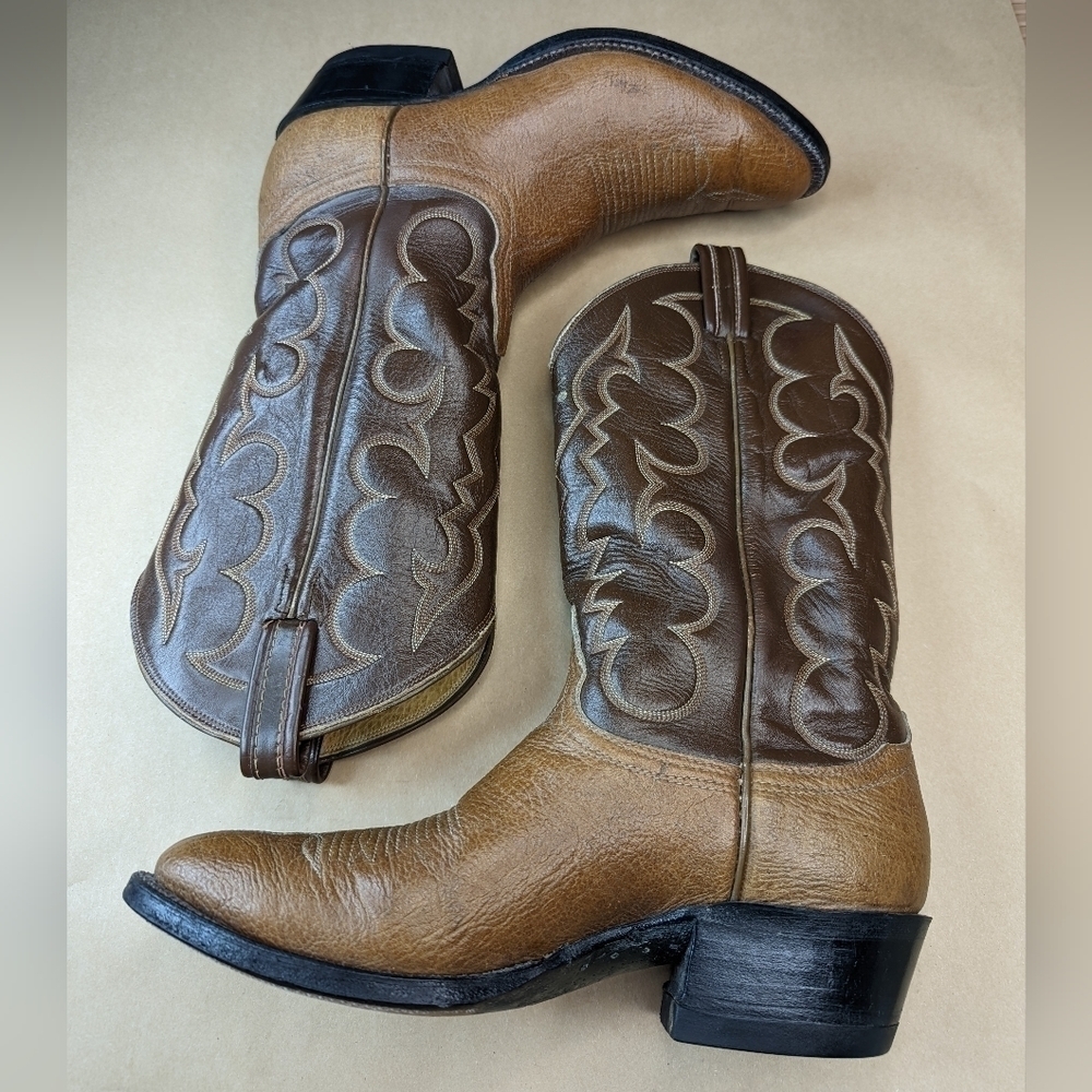 Tony Lama Black Label Shrunken Bull shoulder men's sz 8.5D two tone brown leathe - Picture 5 of 10